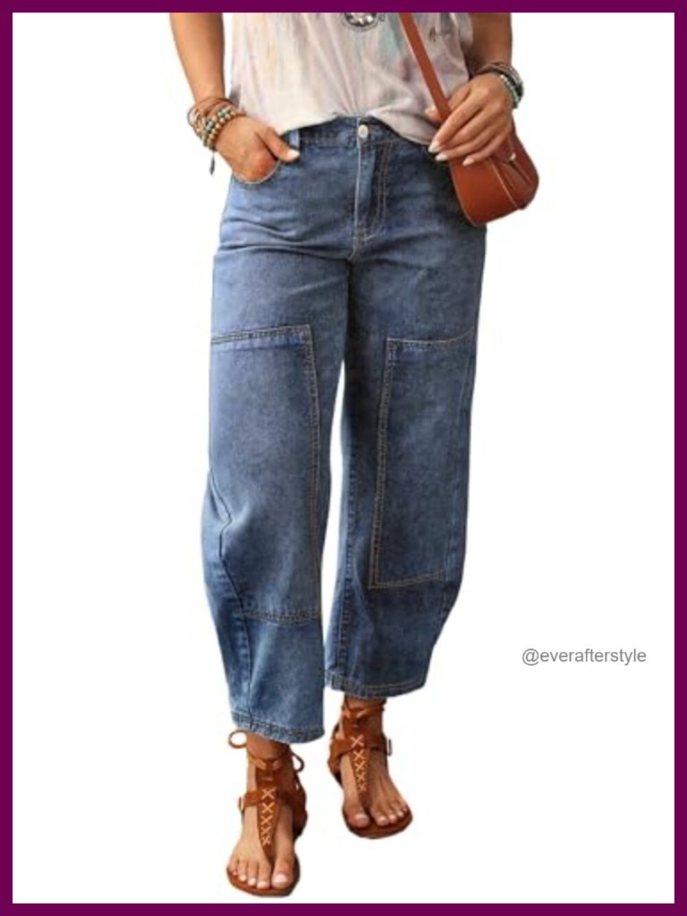 Washed High Rise Barrel Jeans Elastic Waist Cropped Ankle Pants